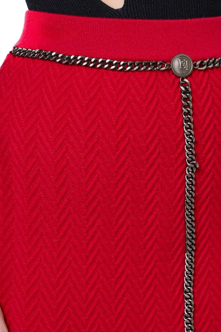 Elisabetta Franchi Textured Herringbone Midi Skirt With Chain Detail