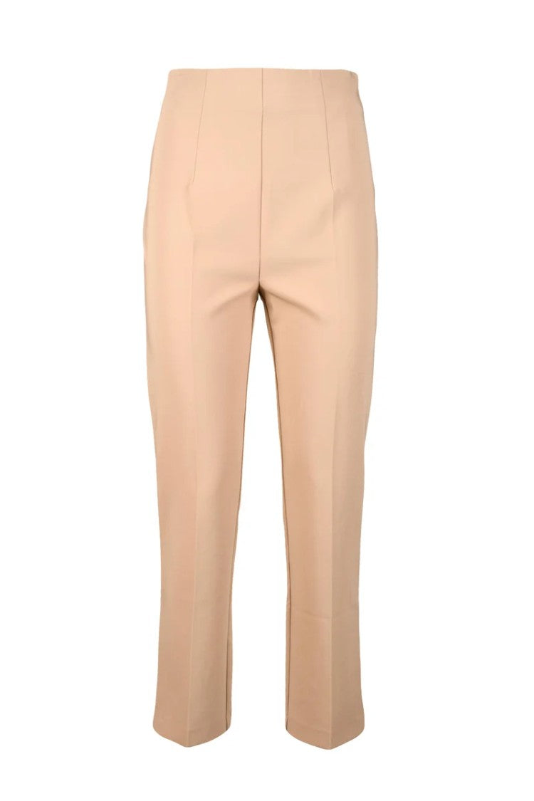 Twin-Set Beige Tailored Trousers With Subtle Slit Hem And Decorative Clasp