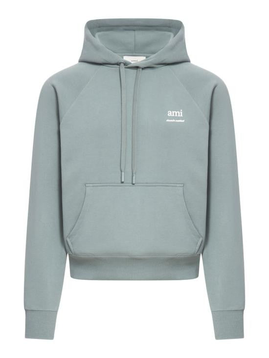Ami Paris Cropped Hoodie In Muted Blue-Gray With Subtle Logo Detail