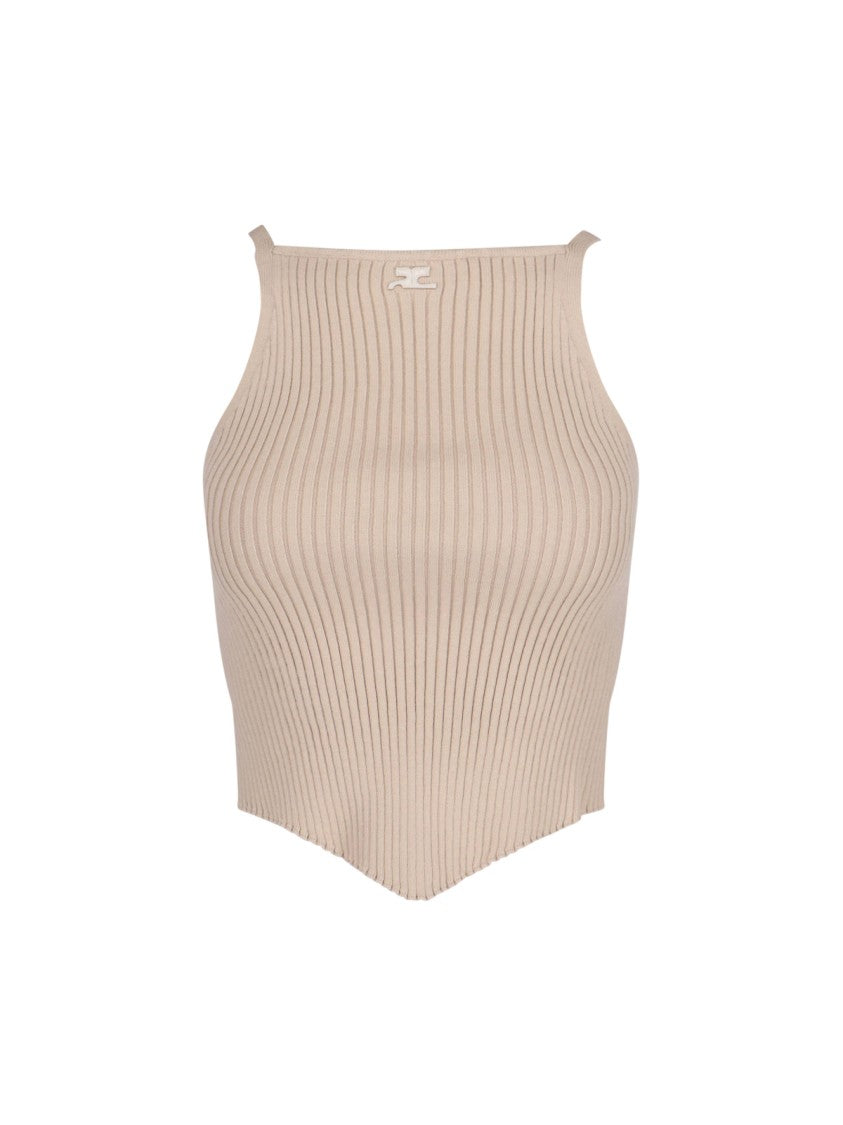 Courrèges Knitted Top, In Beige Fabric, Ribbed Knit