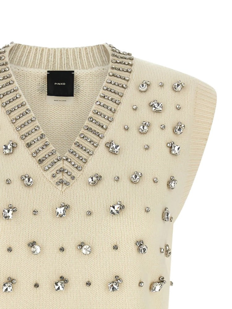 Pinko White Sleeveless V-Neck Wool-Blend Blouse