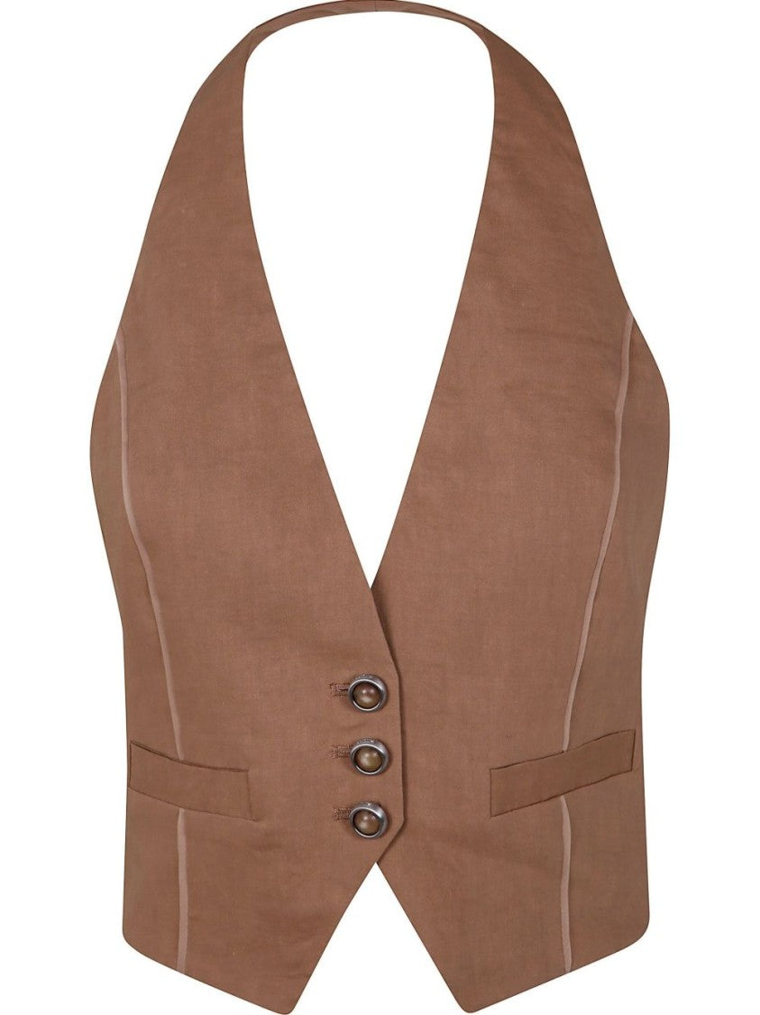 Pinko Tailored Brown Vest With V-Neckline And Button Detail