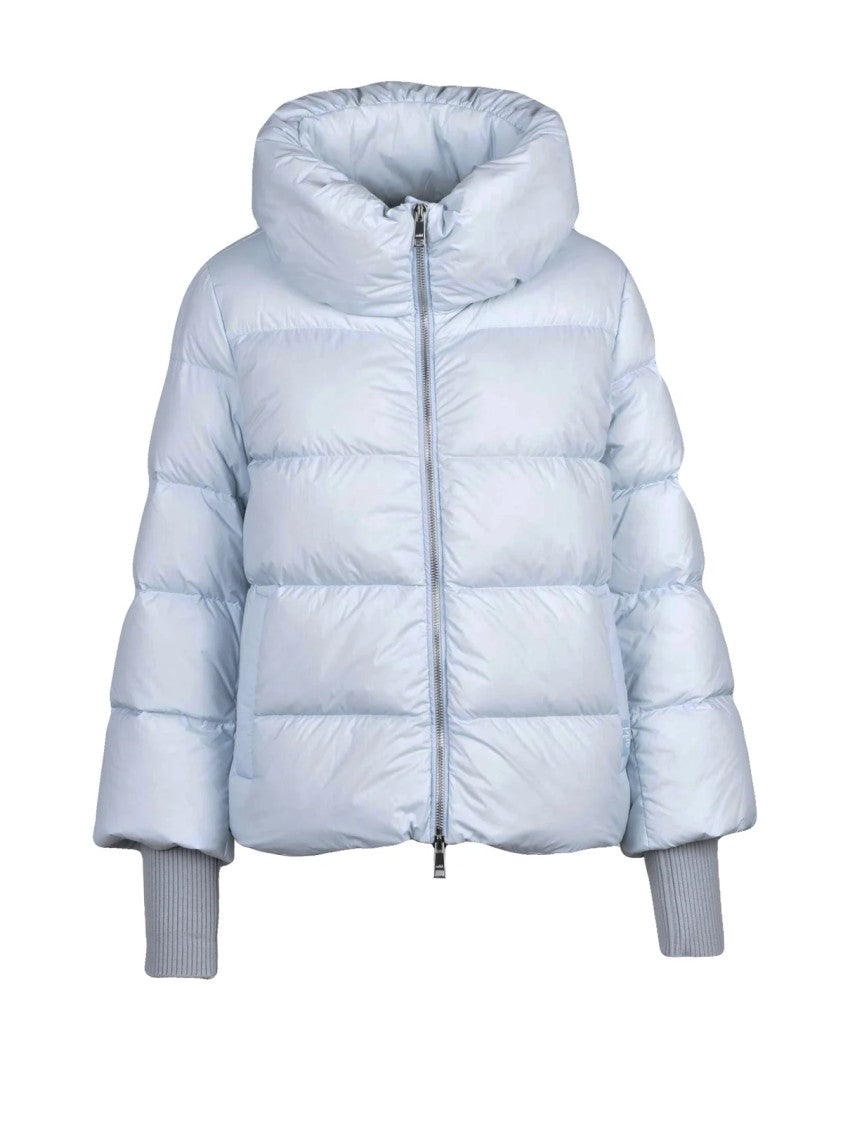 Add Short Light Blue Down Jacket With Quilted Design And High Collar
