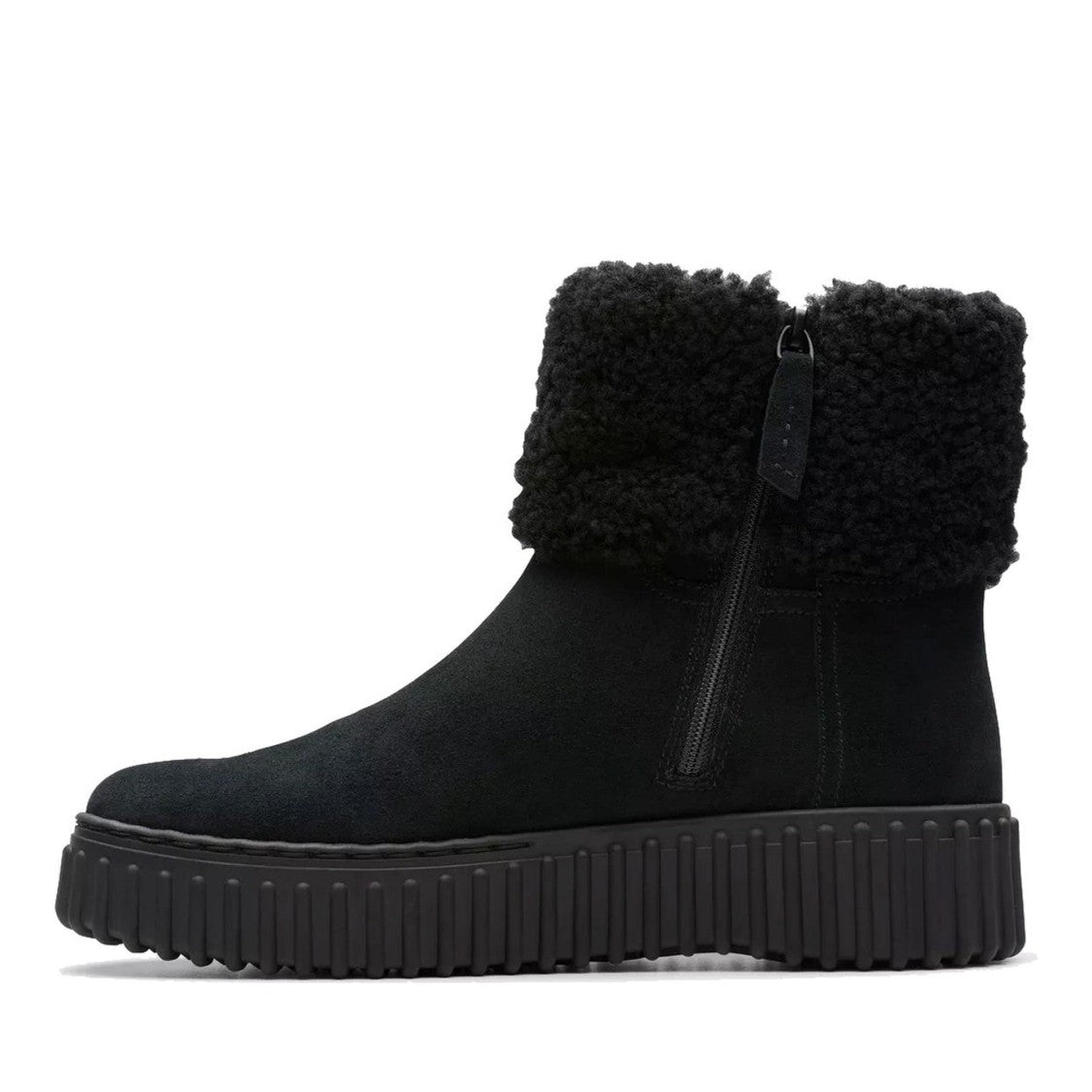 Clarks Torhill Black Fold-Over Cuff Suede Wedge Boots