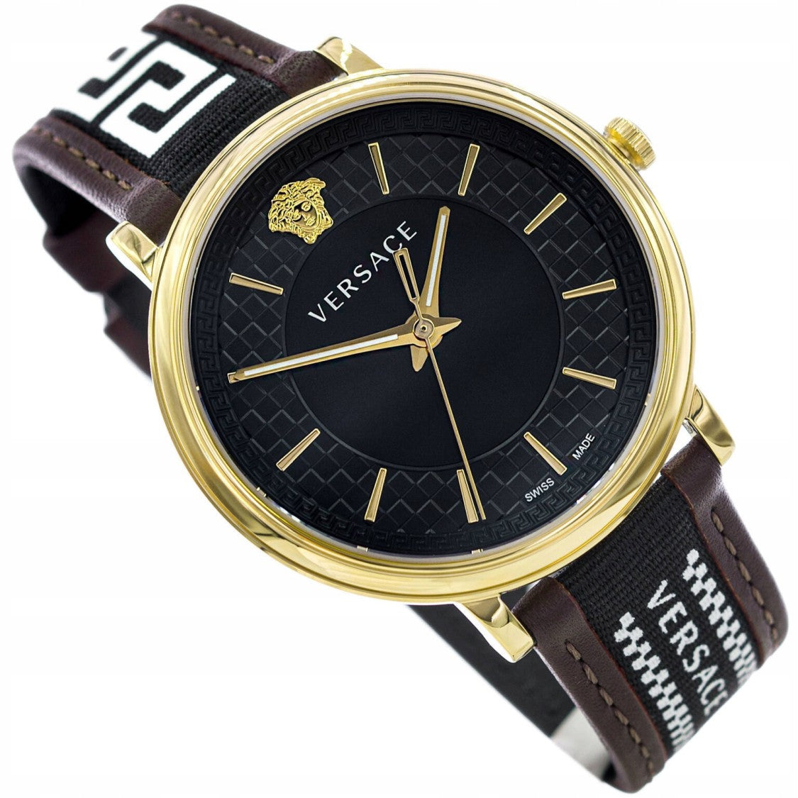 Versace V-Circle 42Mm Gold-Tone Analogue Quartz Watch With Brown Calf Leather Strap