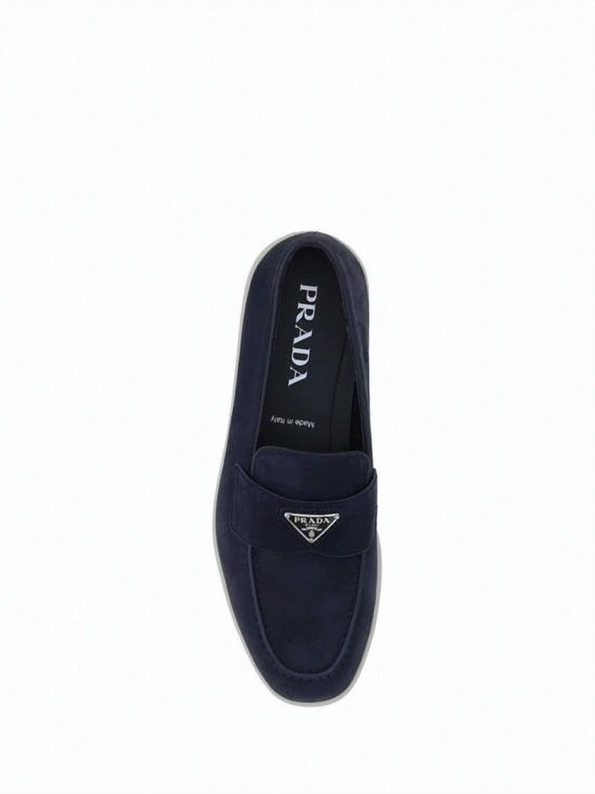 Prada Soft Suede Loafers With Contrasting Sole And Emblem Detail