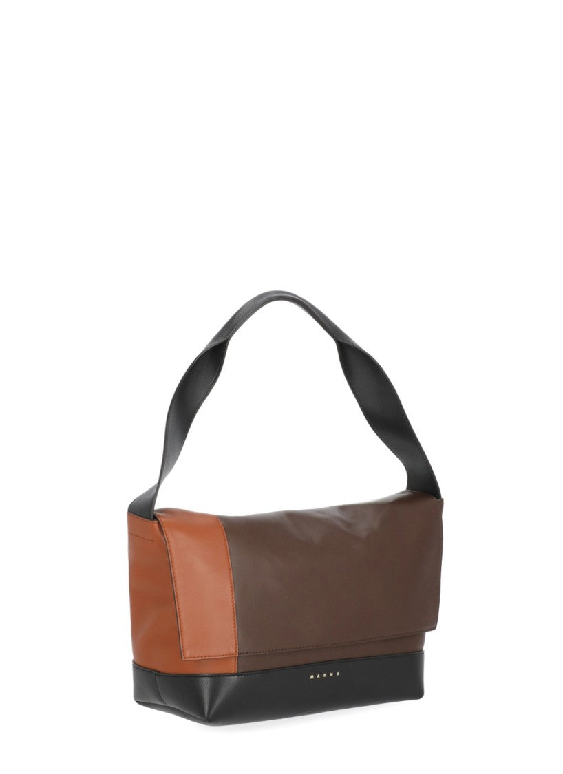 Marni Black Color-Block Gold Logo Leather Shoulder Bag