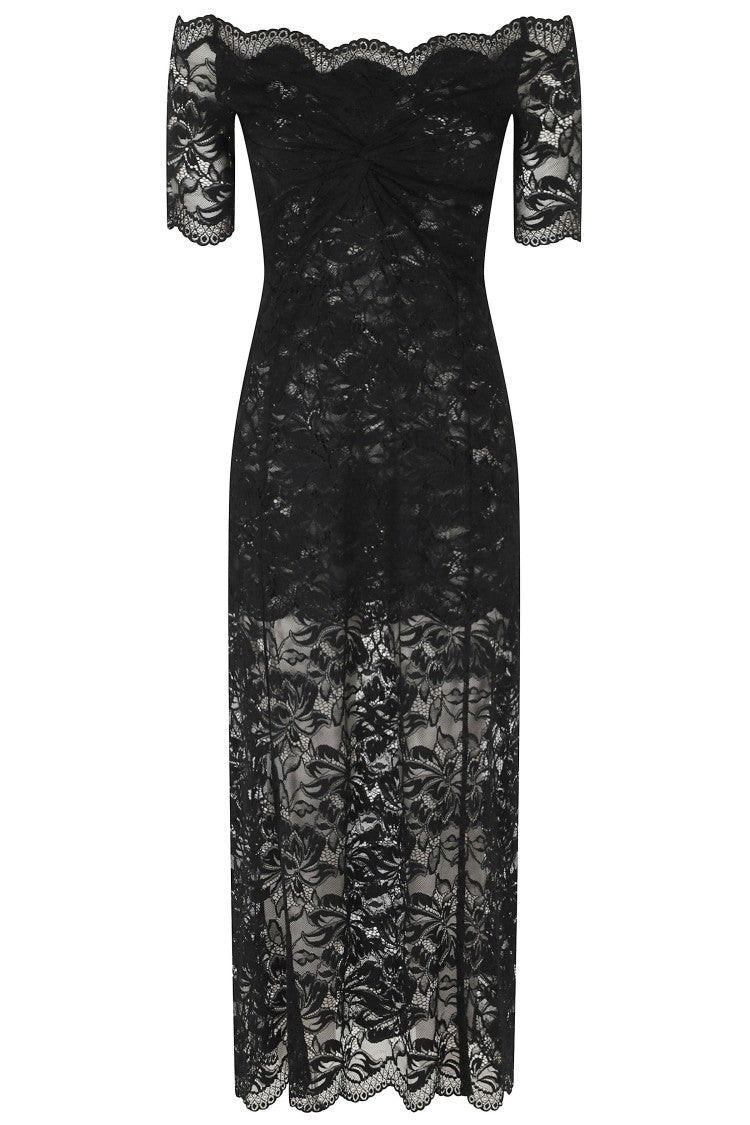 Rabanne Black Intricate Lace Draped Evening Dress