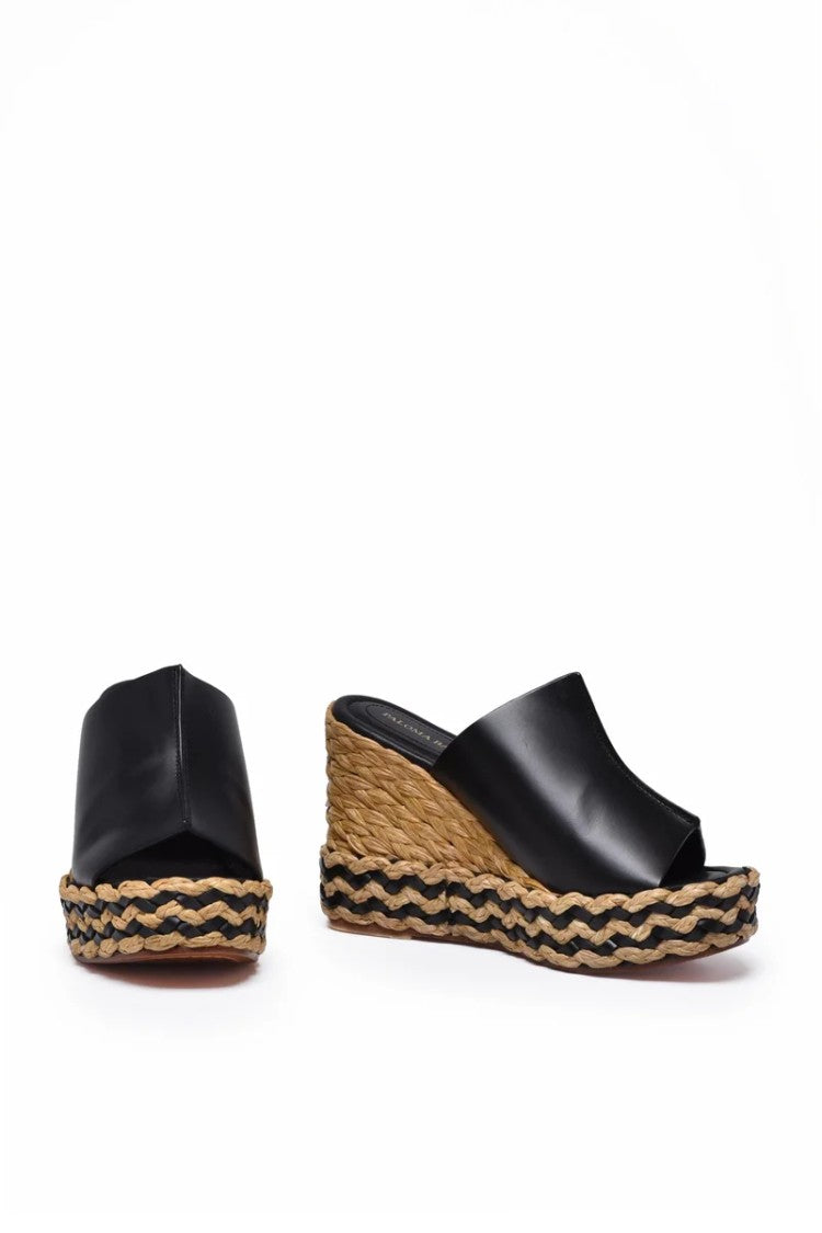 Paloma Barceló Raffia Wedge Mules - Black