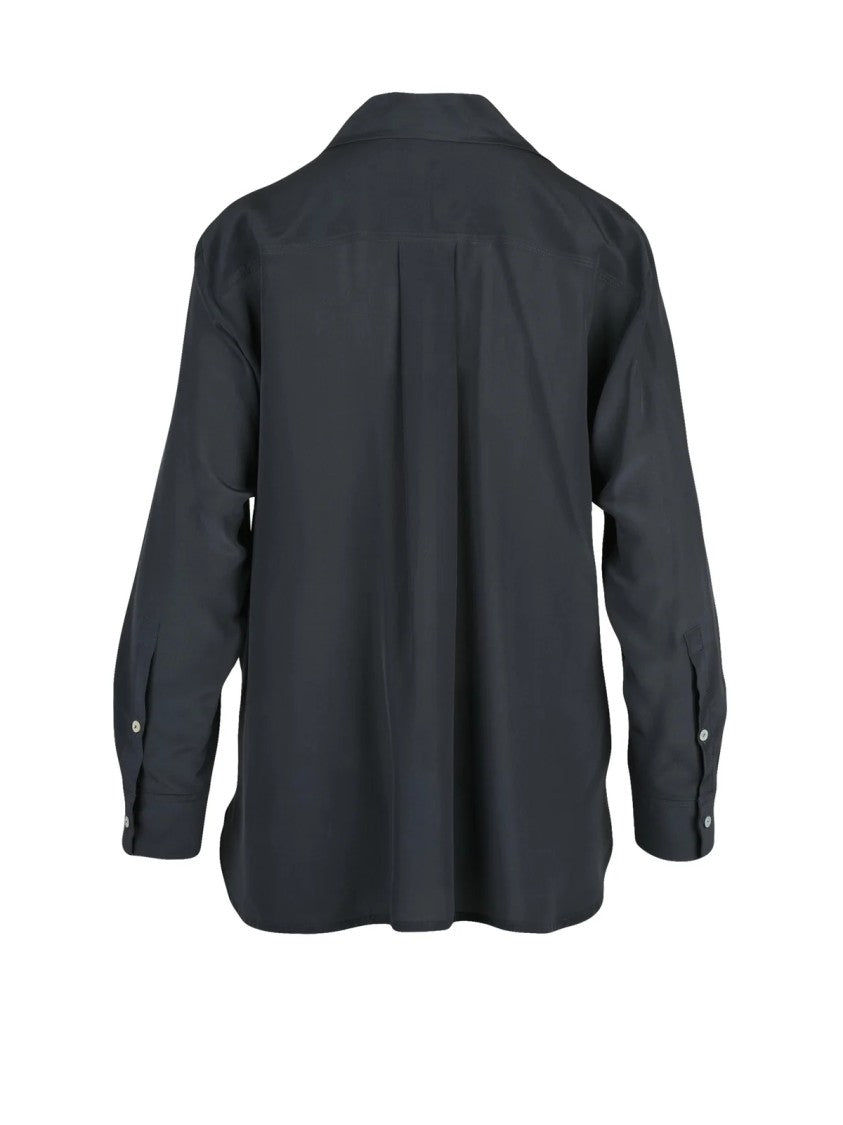 Marella Monochrome Siro Silk Blouse With Classic Collar And Deep V-Neckline