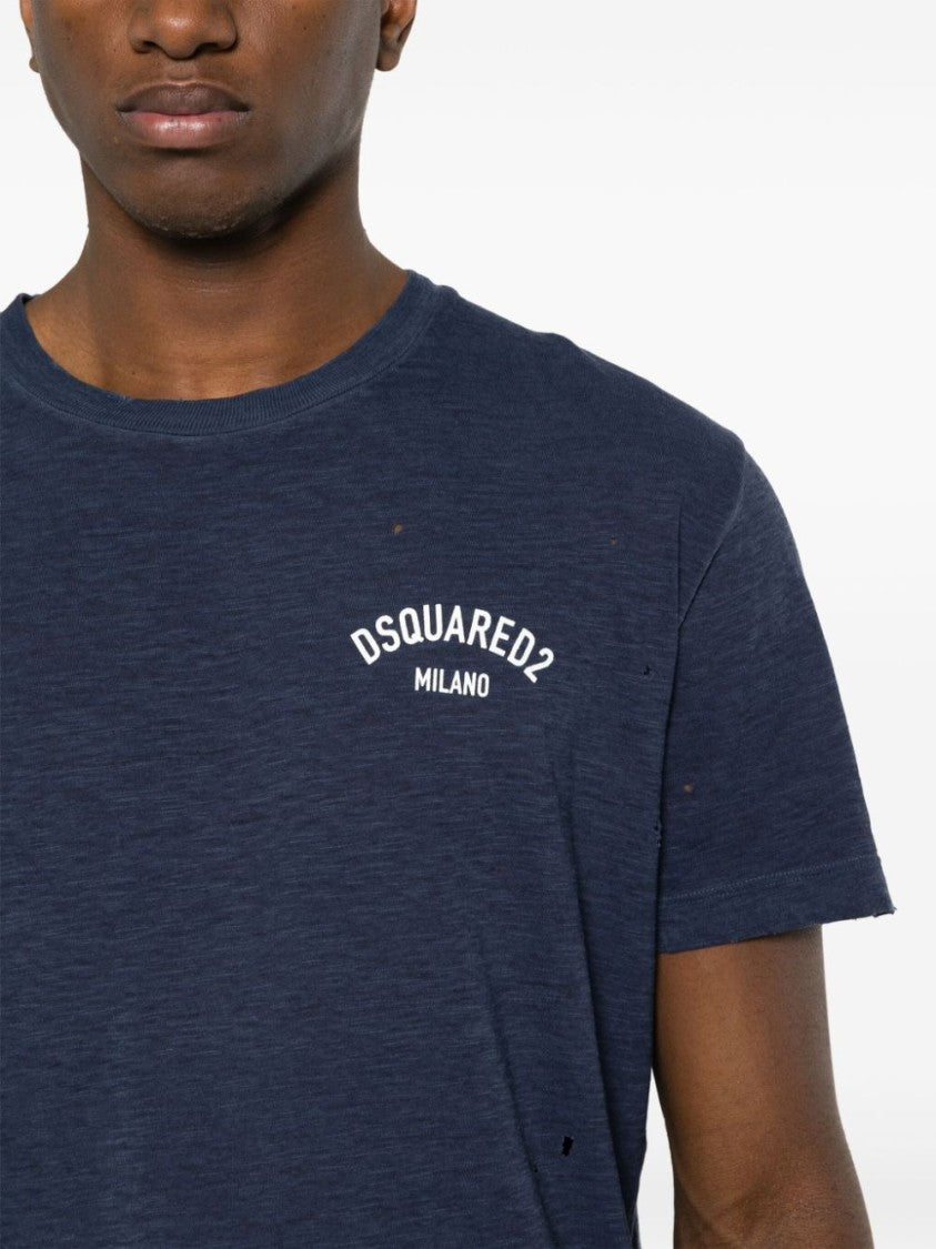 Dsquared2 Navy Blue Distressed Cotton Blend T-Shirt