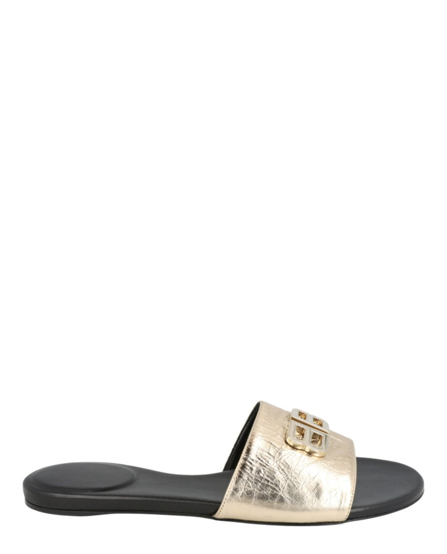 Balenciaga Minimalist Gold Sheepskin Flat Sandals With Signature Bb Logo
