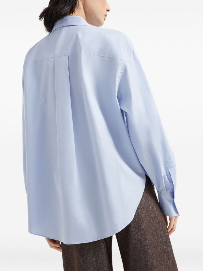 Brunello Cucinelli Light Blue Shirt With Oversized Bow Tie And Relaxed Fit