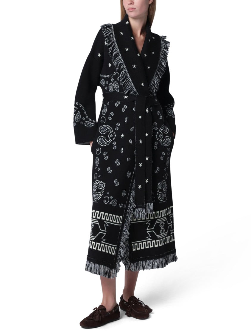 Alanui Bandana Jacquard Belted Fringed Coat