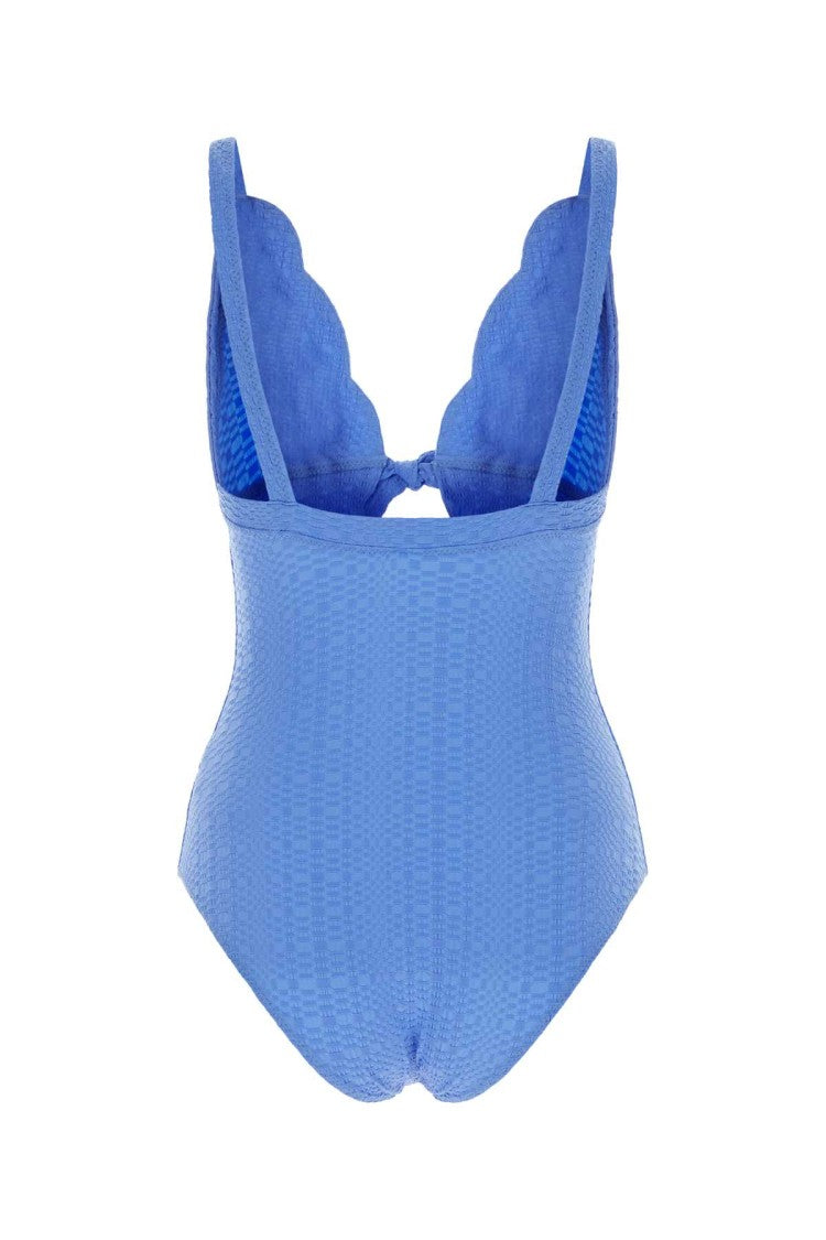 Lisa Marie Fernandez Cerulean Blue Stretch Seersucker Scallop Bow Swimsuit