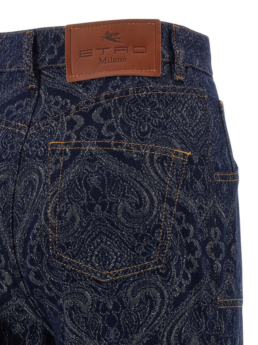 Etro Abstract Jacquard Denim Jeans With Flared Leg