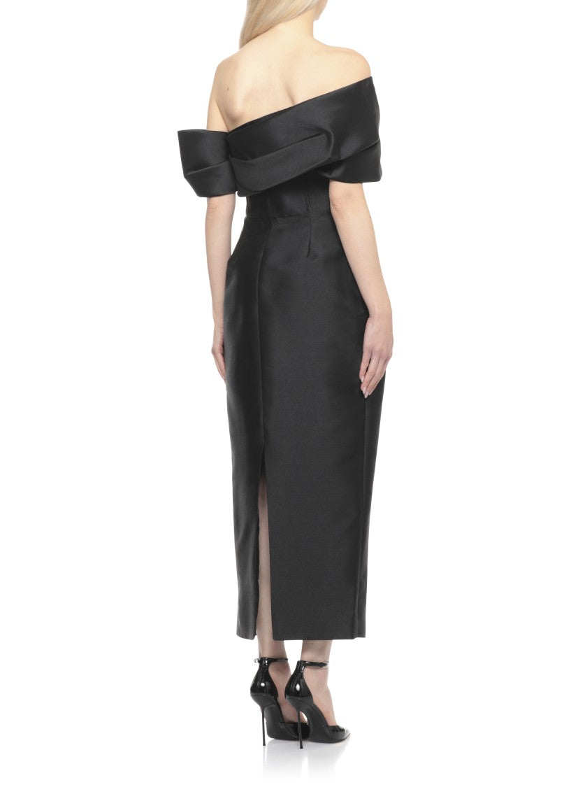 Solace London Structured Off-Shoulder Midaxi Dress With Rear Vent And Side Zip