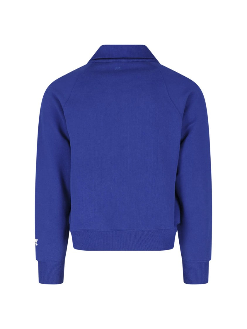 Ami Paris Blue Cropped Half-Zip Cotton Sweatshirt