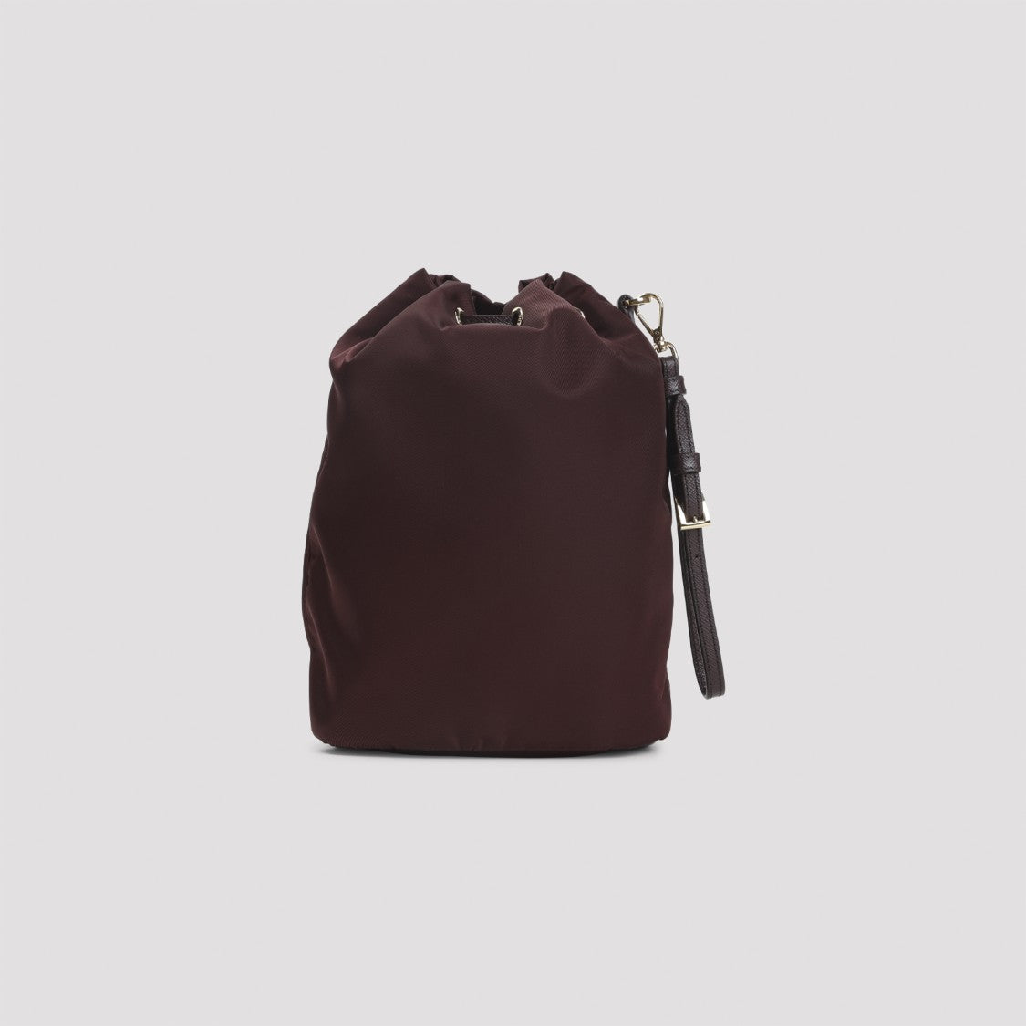 Prada Compact Burgundy Bucket Bag With Drawstring Closure