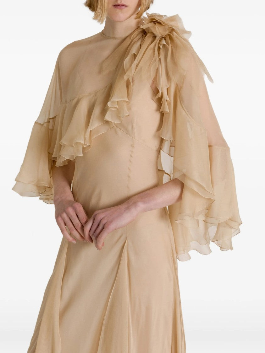 Alberta Ferretti Flowing Maxi Dress With Sheer Overlay And Ruffled Edges