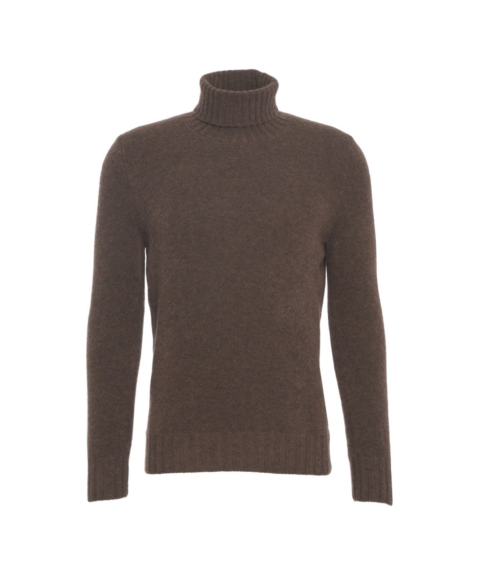 Gender Fitted Brown Wool Turtleneck Sweater With Ribbed Details