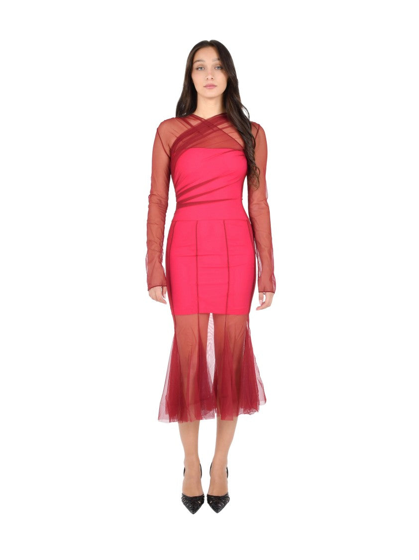 Nensi Dojaka Bordeaux Midi Dress With Sheer Chiffon Overlay