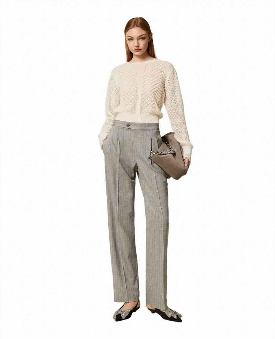 Twin-Set Gray Pinstripe Wool-Blend Overlapping Waistband Straight-Leg Pants