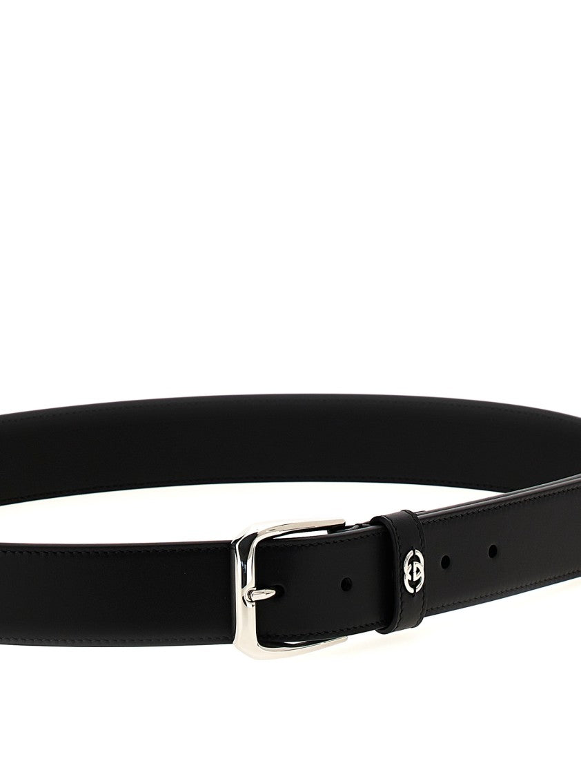 Gucci Black Leather Belt With Polished Metal Buckle