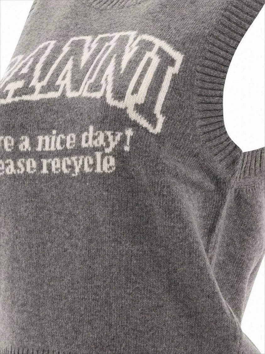 Ganni Heathered Grey Knit Vest With Bold Graphic Text