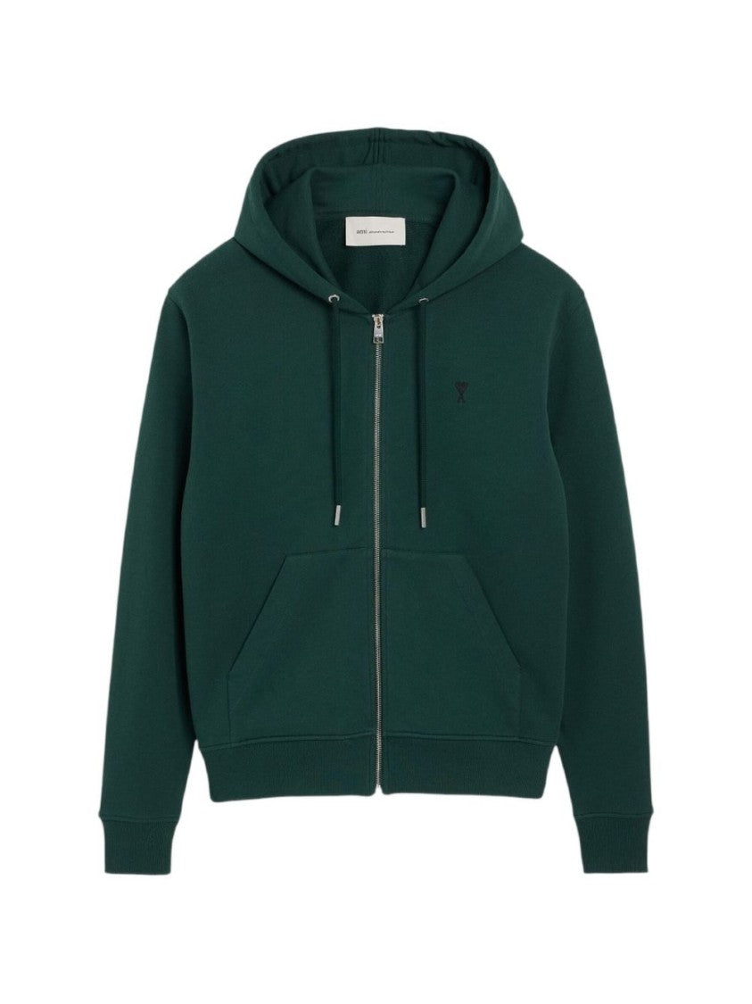 Ami Paris Drawstring Kangaroo Pocket Zip-Up Hoodie Sweater