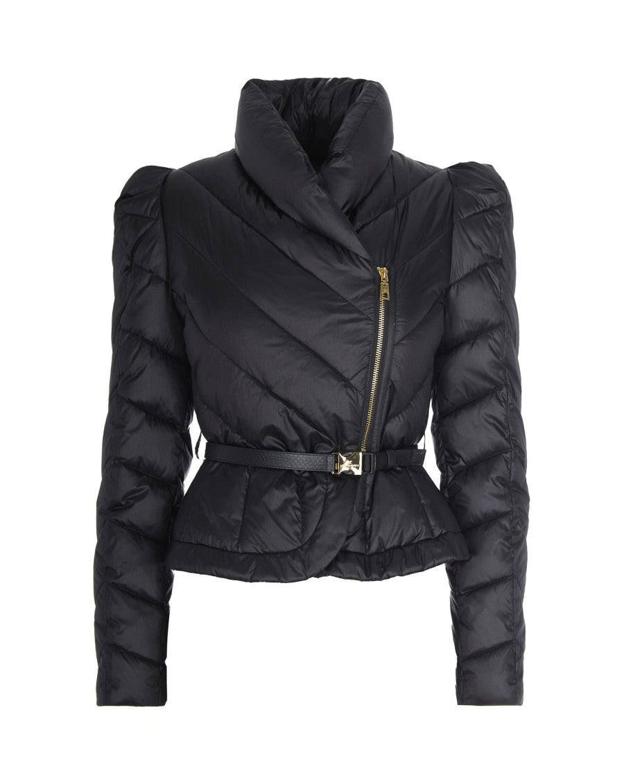 Elisabetta Franchi Black Sailing Fabric Down Jacket With Peplum