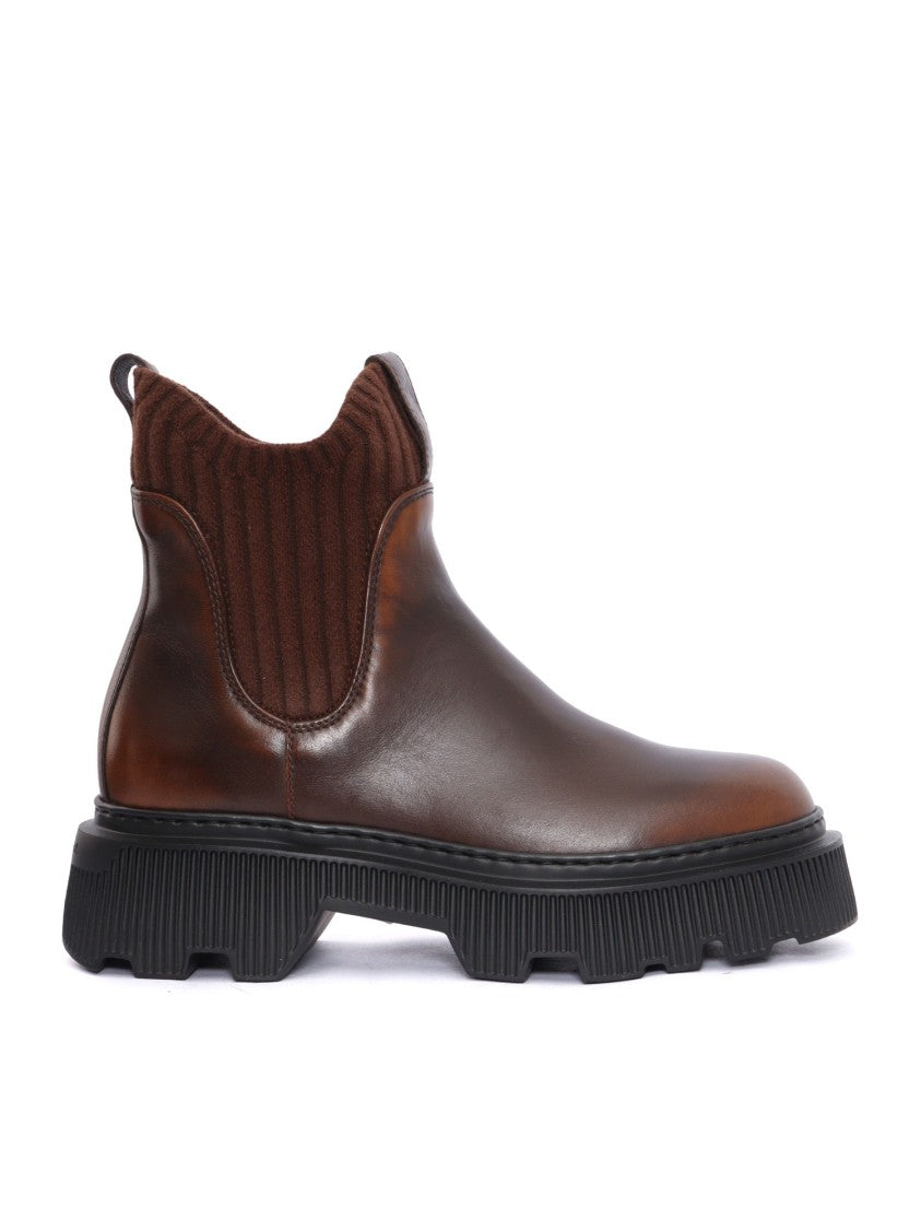 Santoni Brown Calfskin Mountain Boot With Ribbed Ankle Panel