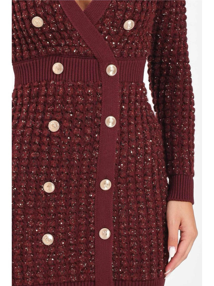 Elisabetta Franchi Textured Knit Fitted Dress With Deep V-Neckline