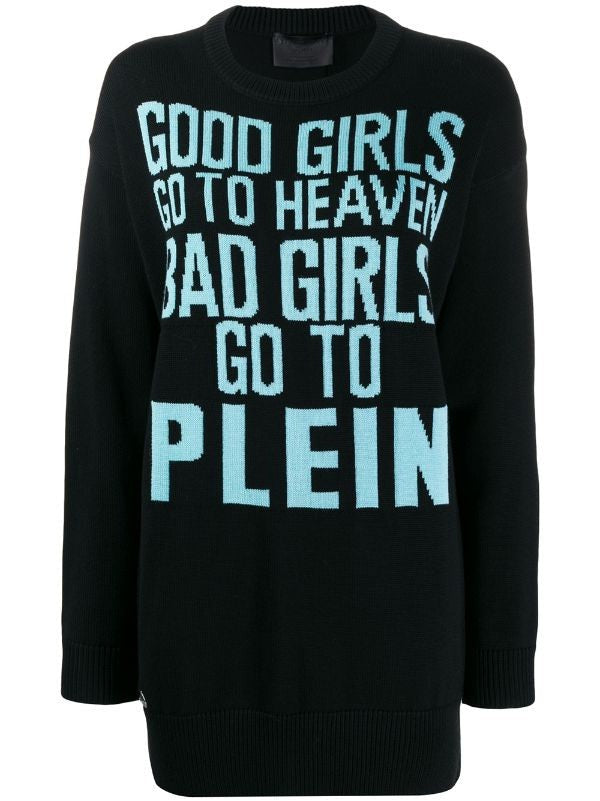Philipp Plein Knitted Pullover Sweater With Graphic Text And Emblem
