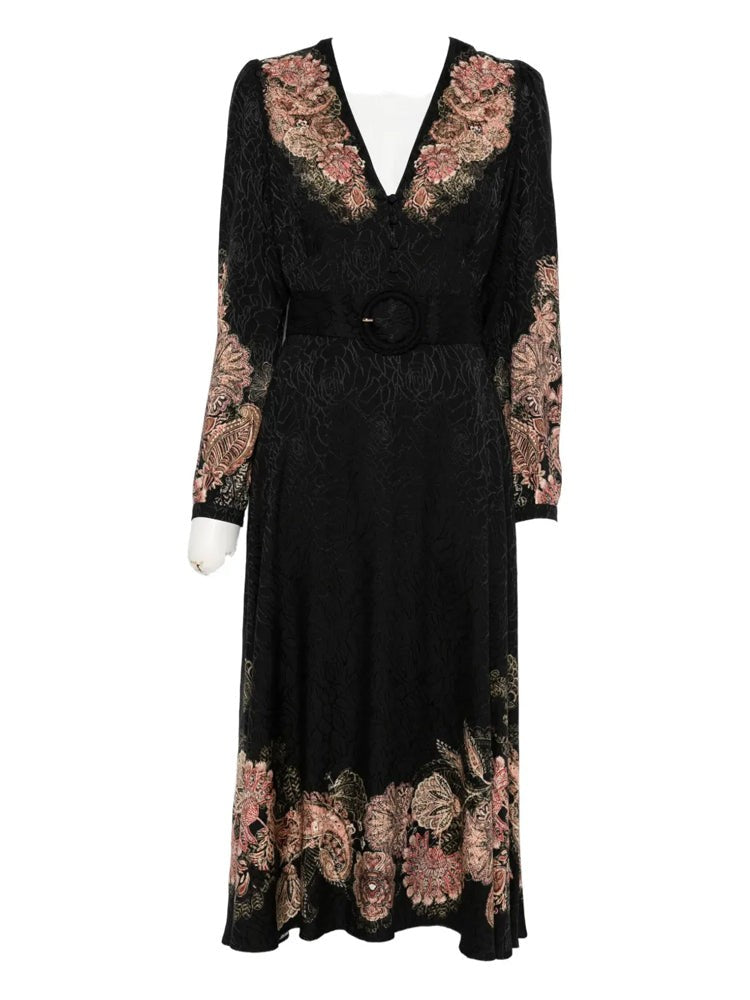 Twin-Set Maxi Dress With Intricate Floral Patterns And Matching Belt