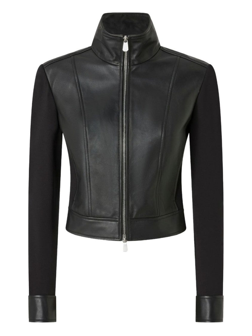 Pinko Cropped Black Leather Panel Jacket With Edgy Design