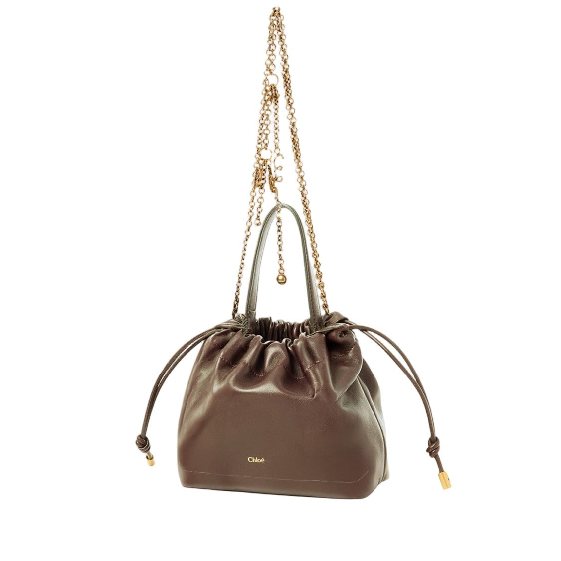 Chloé Mini Leather Shoulder Bag With Drawstring Closure And Decorative Chain