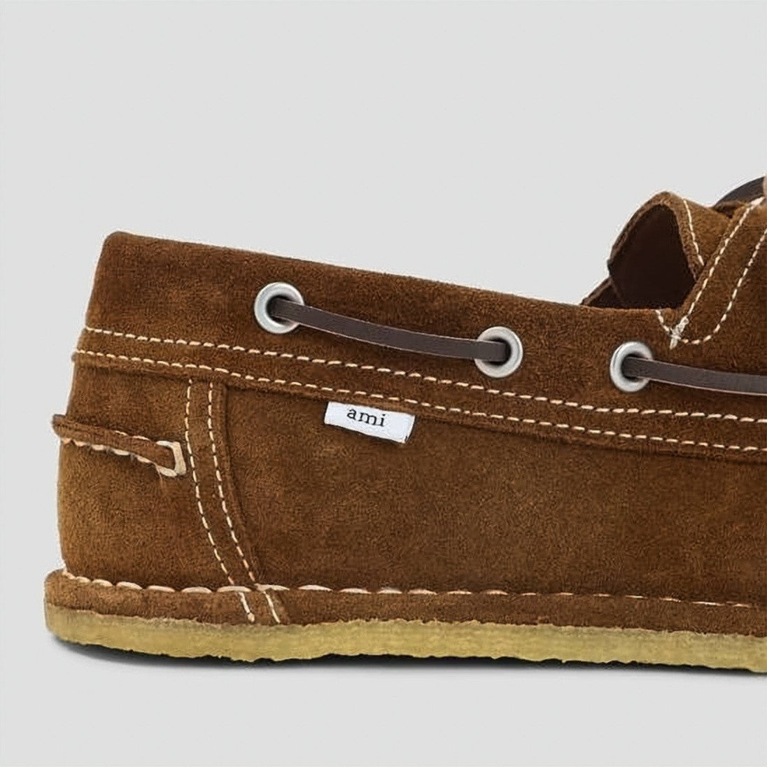 Ami Paris Suede Boat Shoes With White Stitching And Leather Laces