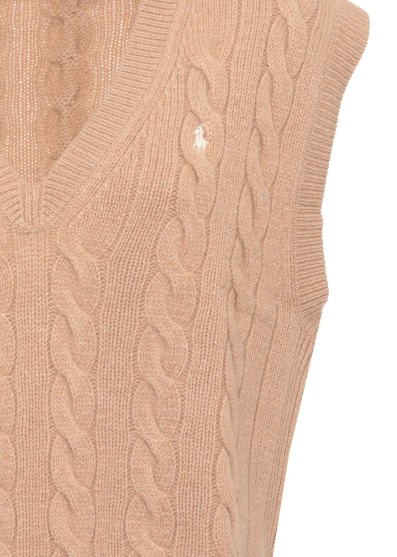 Polo Ralph Lauren Beige V-Neck Sleeveless Cable-Knit Wool Sweater