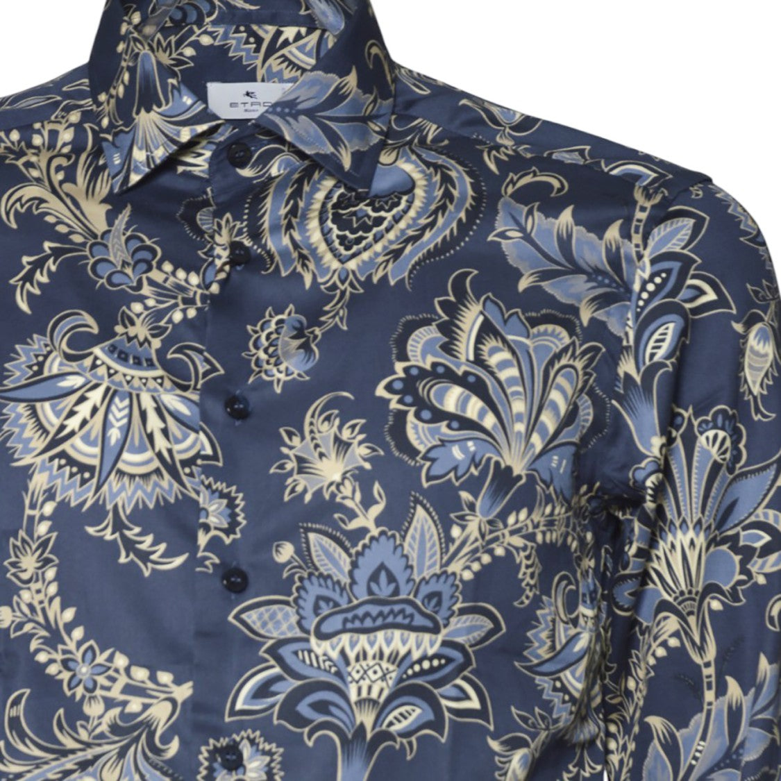 Etro Blue Cotton Shirt Maxi Flowers Print