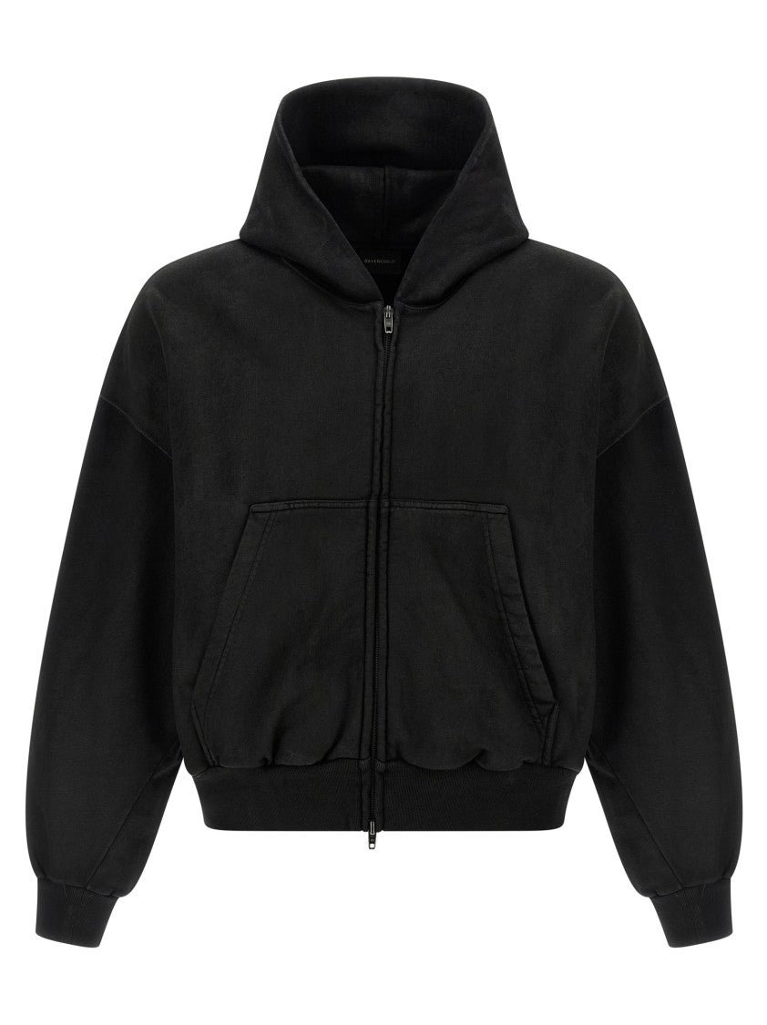 Balenciaga Cropped Black Hoodie With Délavé Effect And Zip Closure