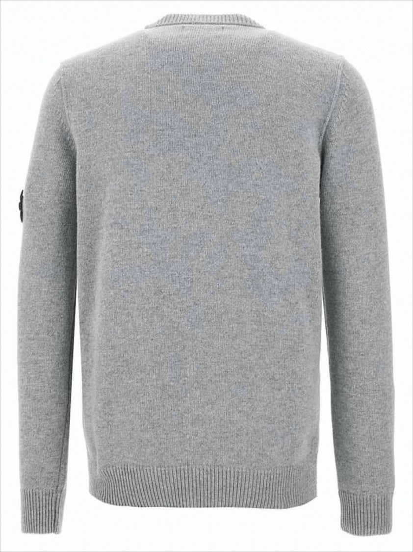 Stone Island Classic Crew Neck Grey Knitwear Sweater With Compass Patch
