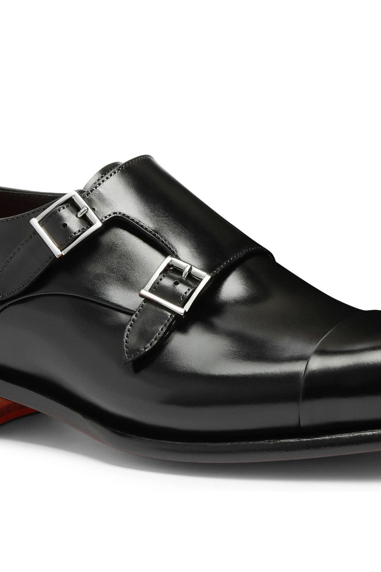 Santoni Antiqued Leather Double Buckle Loafers