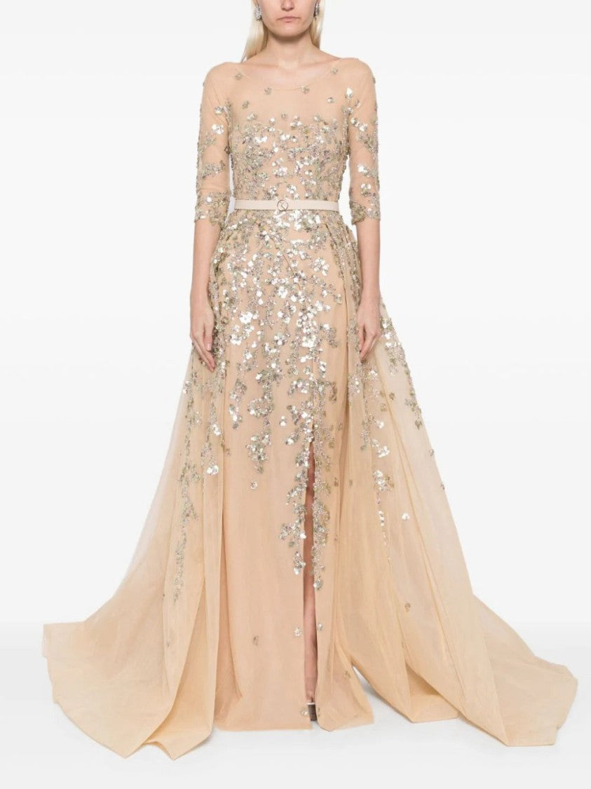 Saiid Kobeisy Tulle Beaded Dress With Envelope Skirt And Overskirt