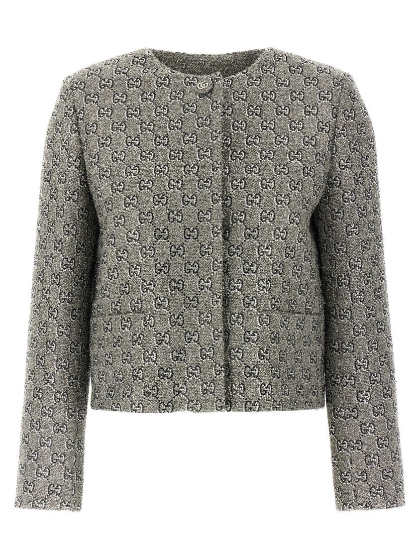 Gucci Cropped Gg Wool Tweed Jacket With Crystal Embellishments