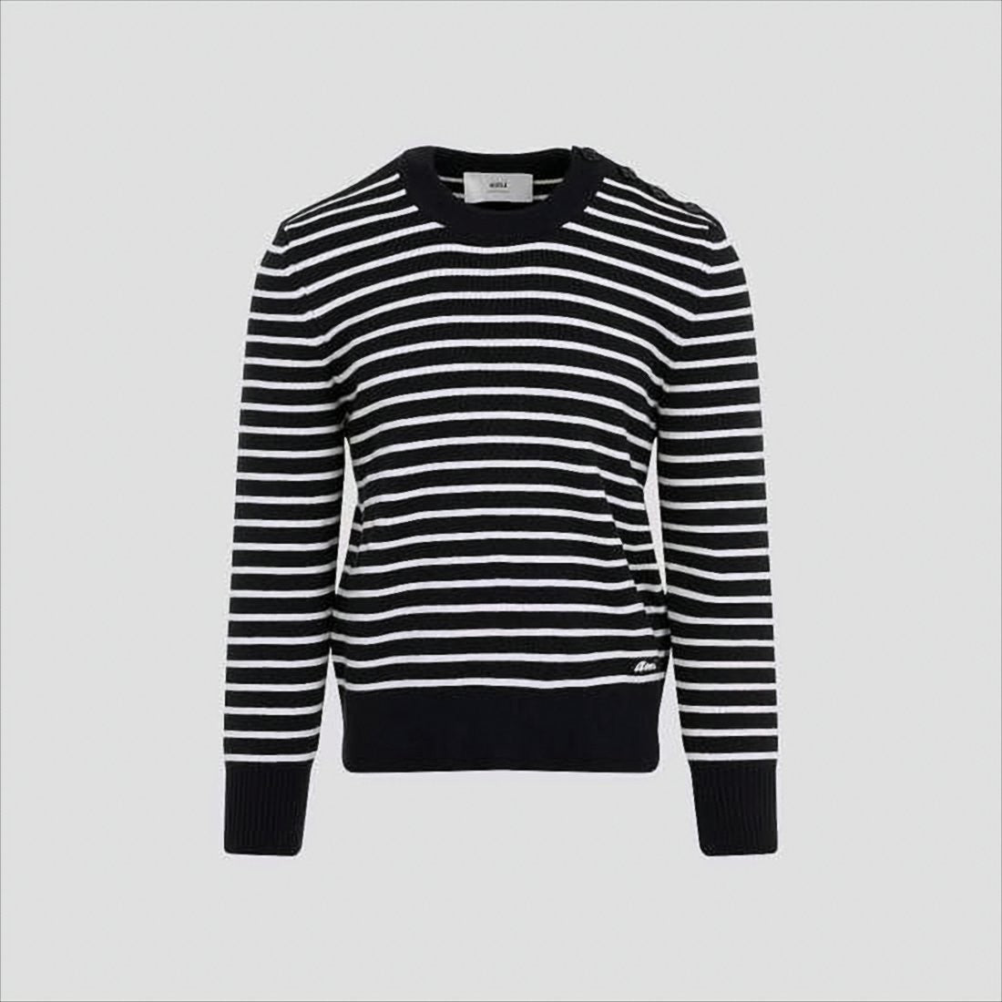 Ami Horizontal Stripe Knit Sweater With Shoulder Button Detail