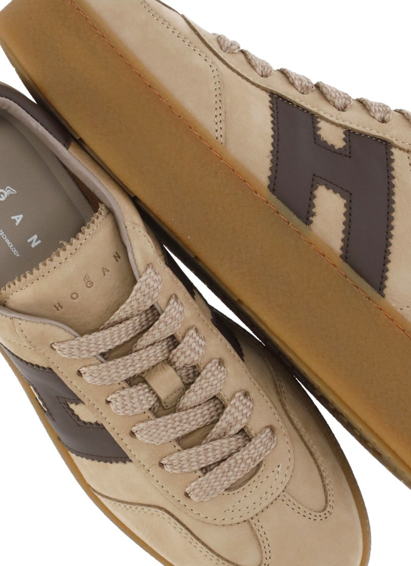 Hogan Beige Leather Sneakers With Logo And Platform Sole