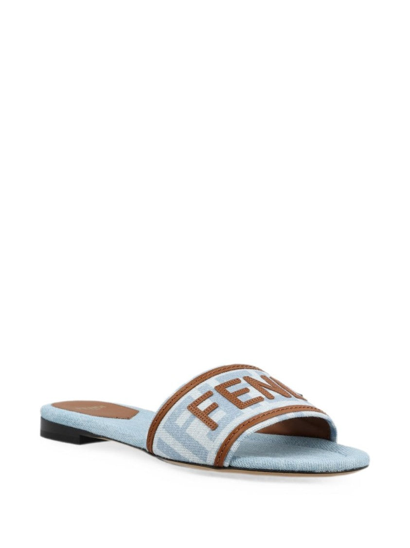 Fendi Light Blue Fabric Leather Trim Flats