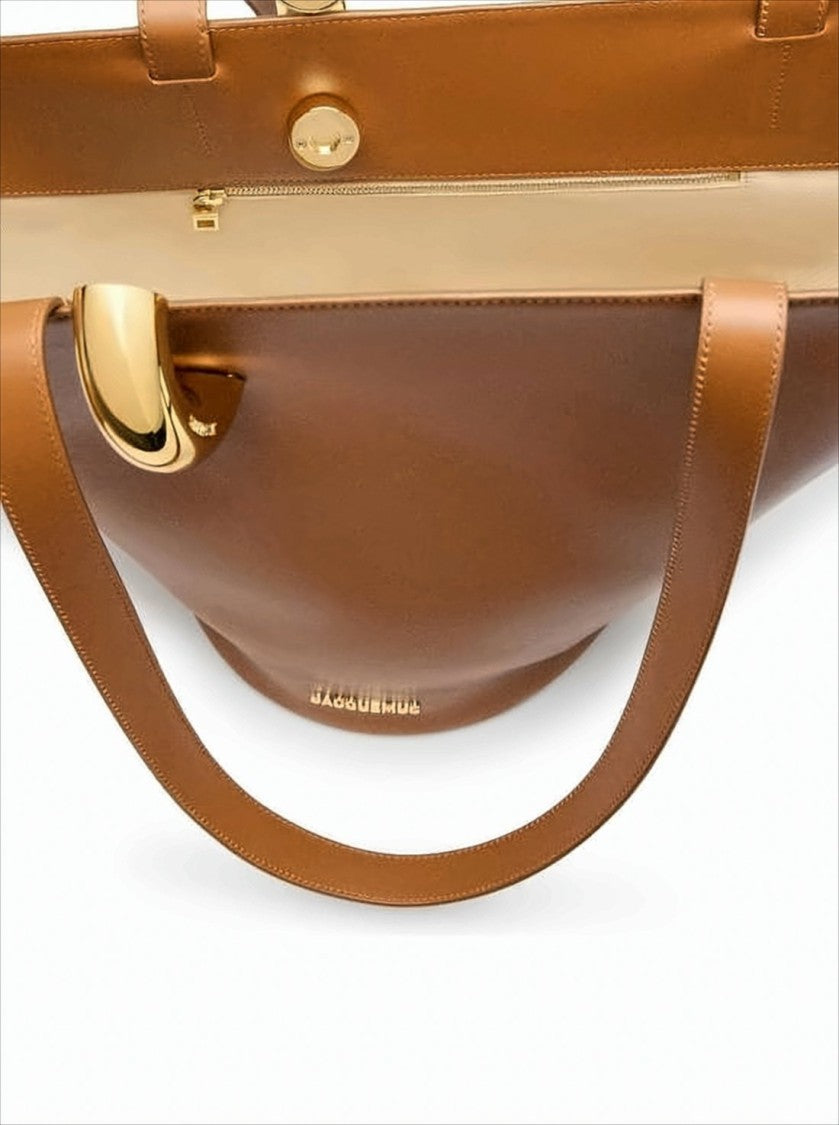 Jacquemus Structured Brown Cow Leather Tote Bag With Gold-Tone Clasp