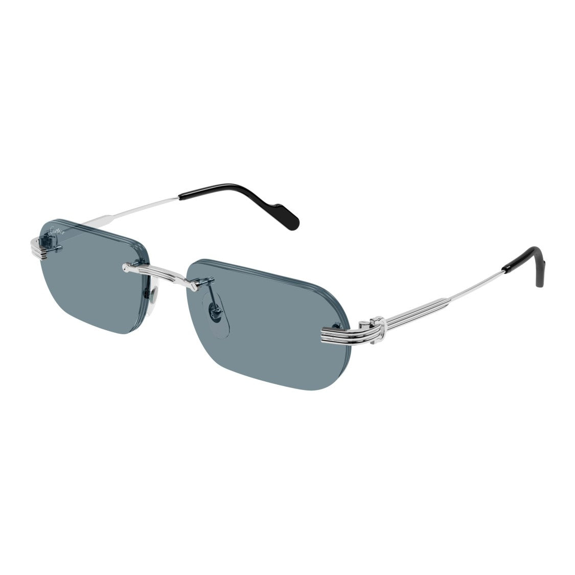 Cartier Rectangular Rimless Sunglasses With Ribbed Silver Temples